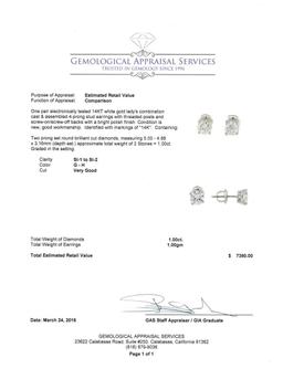 1.00 ctw Diamond Stud Earrings - 14KT White Gold