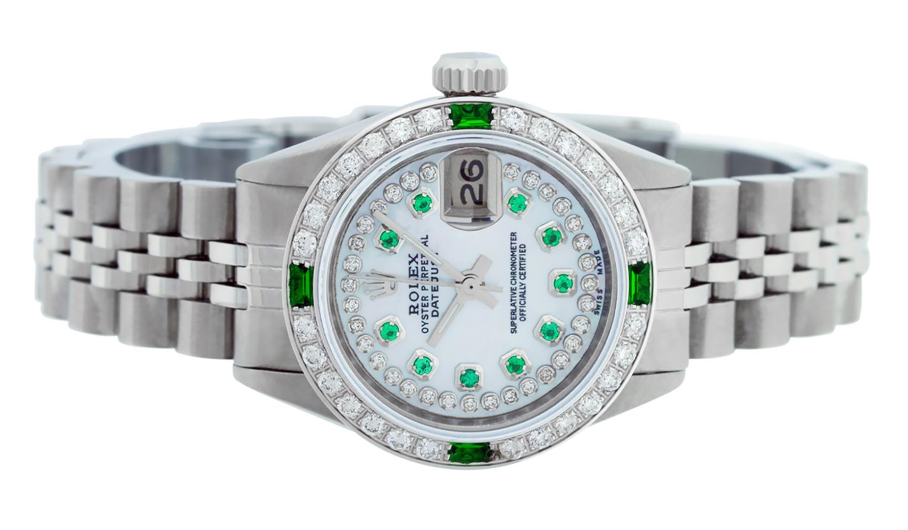 Rolex Ladies Stainless Steel MOP Emerald & Diamond Datejust Wristwatch