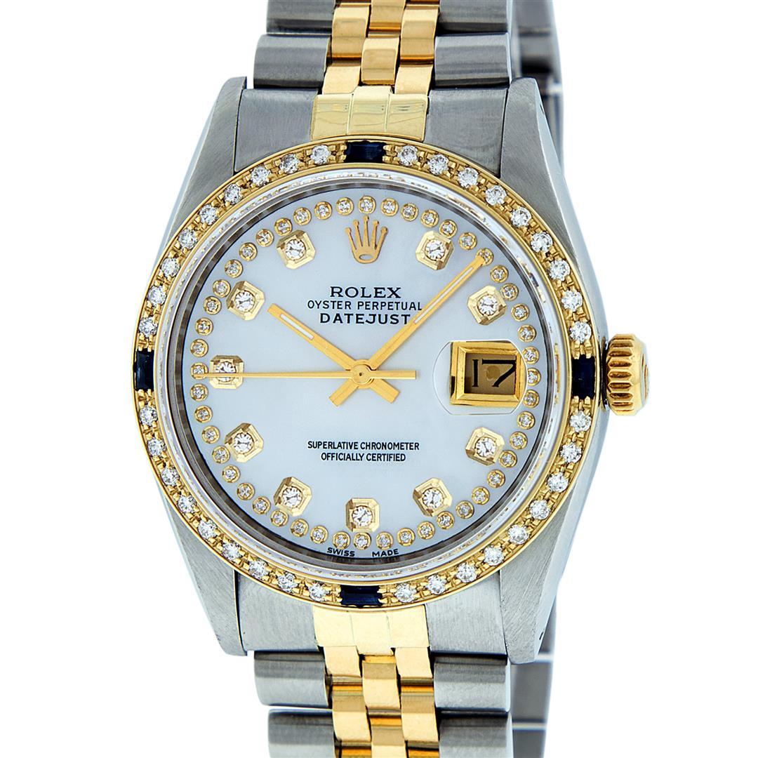 Rolex Mens 2 Tone MOP String Diamond & Sapphire 36MM Oyster Perpetual Datejust