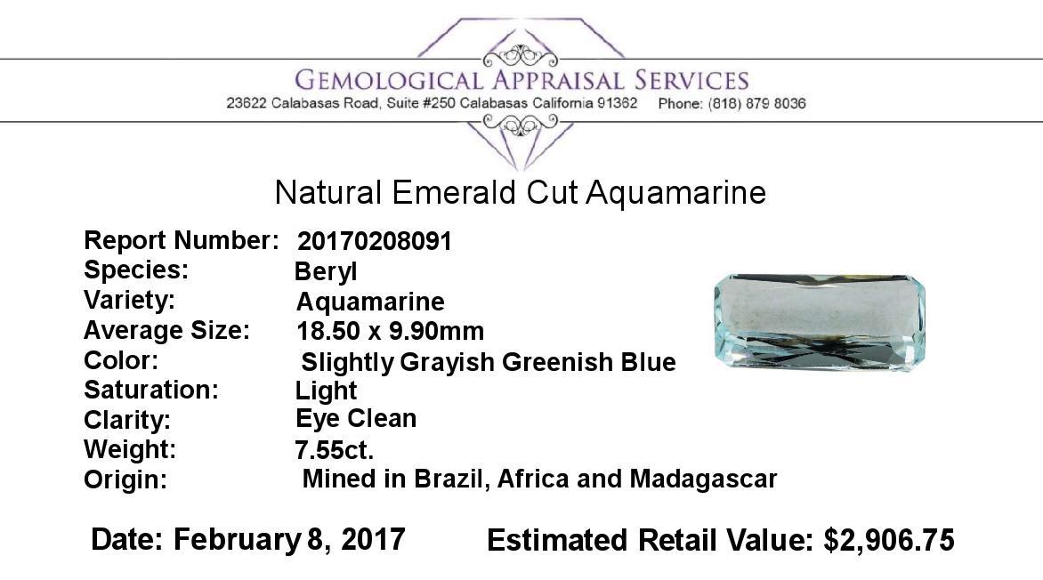 7.55 ct.Natural Emerald Cut Aquamarine