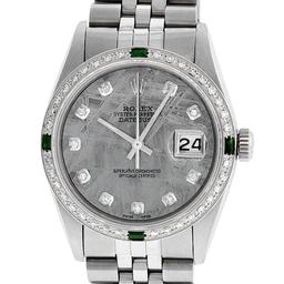 Rolex Mens Stainless Steel Meteorite Diamond And Emerald Datejust Wristwatch