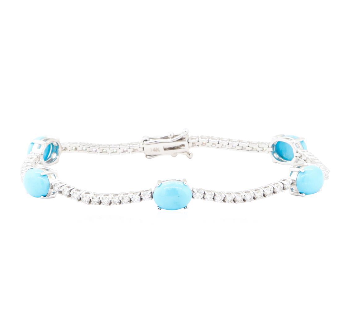 7.44 ctw Turquoise And Diamond Bracelet - 14KT White Gold