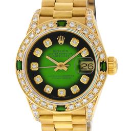 Rolex Ladies 18K Yellow Gold Green Vignette Diamond And Emerald President Wristw