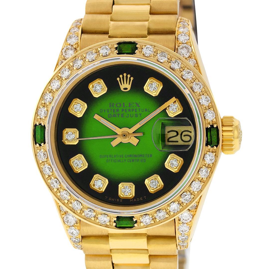 Rolex Ladies 18K Yellow Gold Green Vignette Diamond And Emerald President Wristw