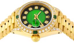 Rolex Ladies 18K Yellow Gold Green Vignette Diamond And Emerald President Wristw