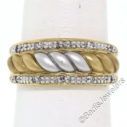 14kt Yellow and White Gold Dual Row Diamond and Matte Ribbed Dome Band Ring