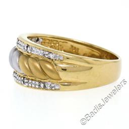 14kt Yellow and White Gold Dual Row Diamond and Matte Ribbed Dome Band Ring
