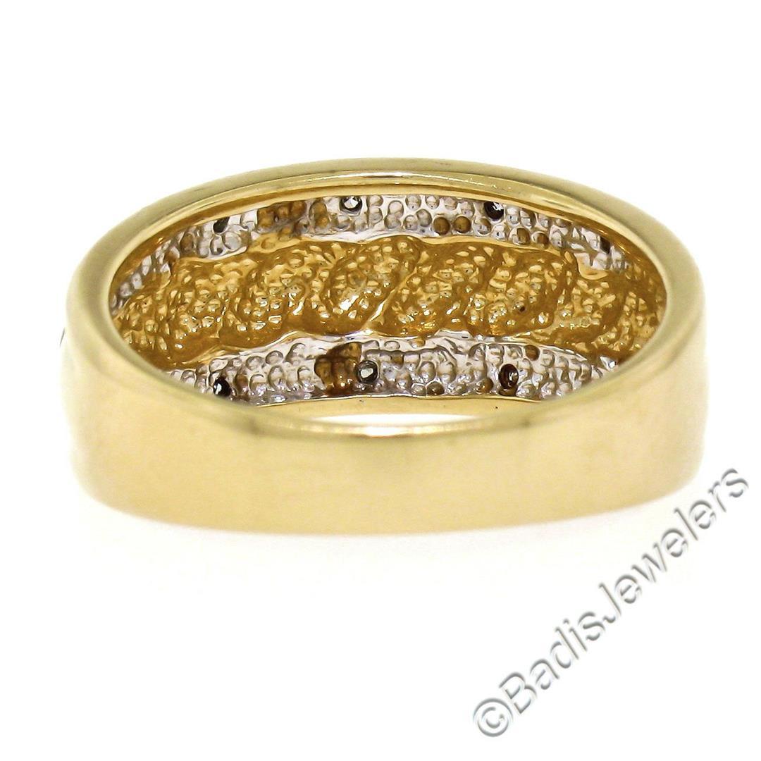 14kt Yellow and White Gold Dual Row Diamond and Matte Ribbed Dome Band Ring