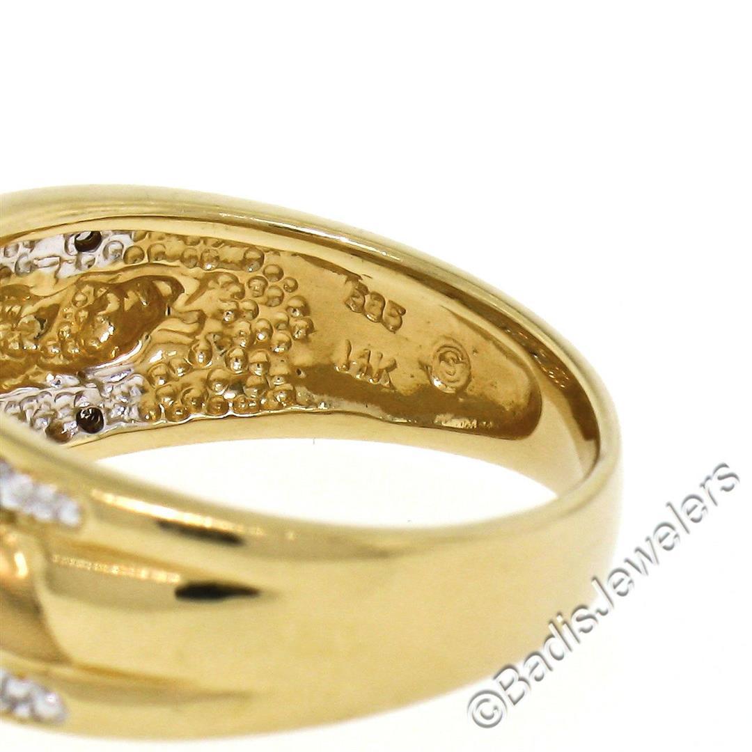 14kt Yellow and White Gold Dual Row Diamond and Matte Ribbed Dome Band Ring
