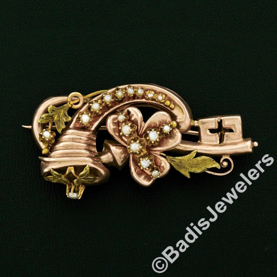 Victorian 12kt Rose & Green Gold Natural Seed Pearl Flower Brooch