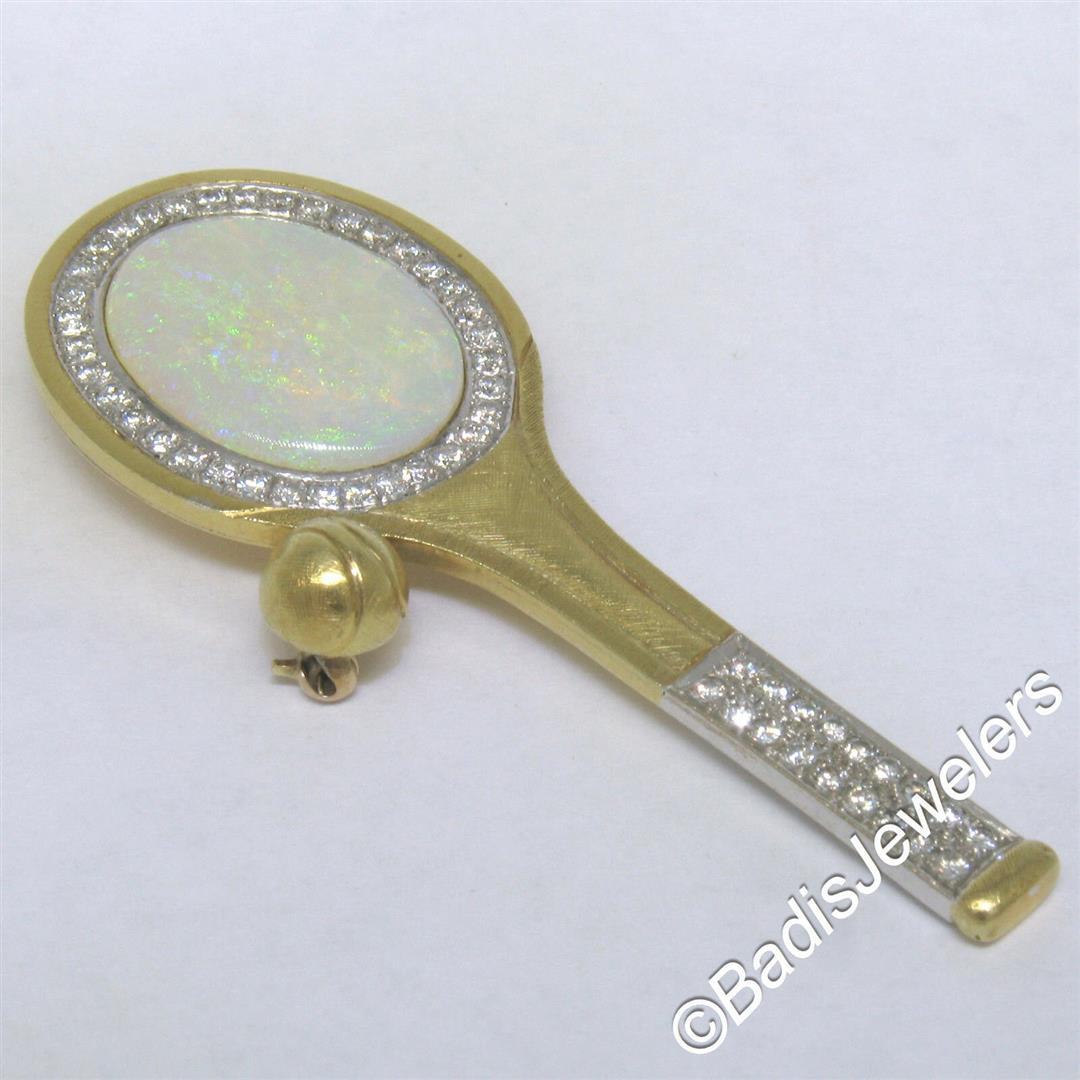 Vintage 18kt Yellow and White Gold Oval Opal and Diamond Tennis Racket Brooch or