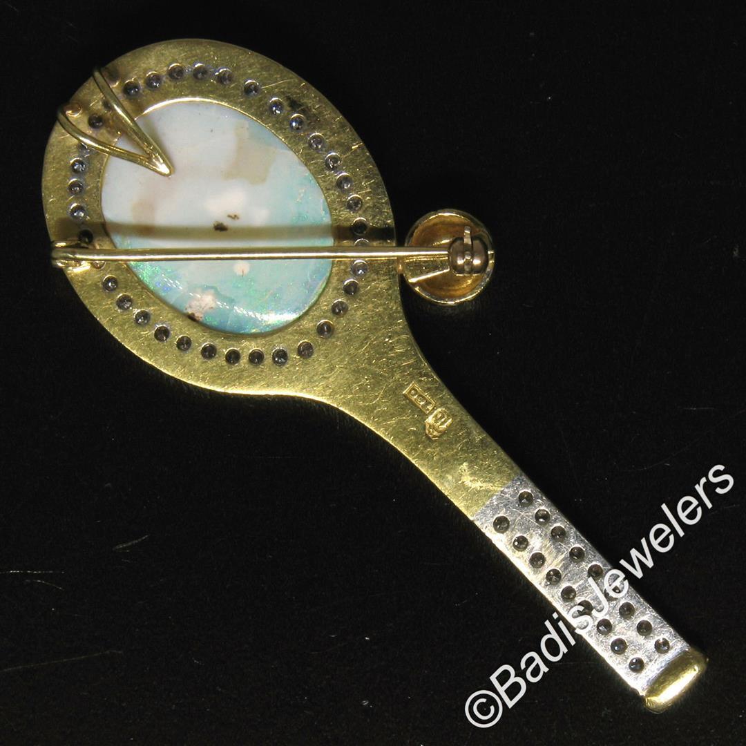 Vintage 18kt Yellow and White Gold Oval Opal and Diamond Tennis Racket Brooch or