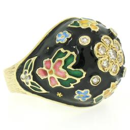 14K Yellow Gold Diamond Black Blue Green Yellow Enamel Dome Flower Ring