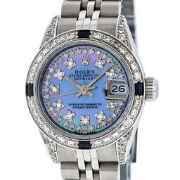 Rolex Ladies Stainless Steel Diamond Lugs Blue MOP String Diamond Datejust Wrist