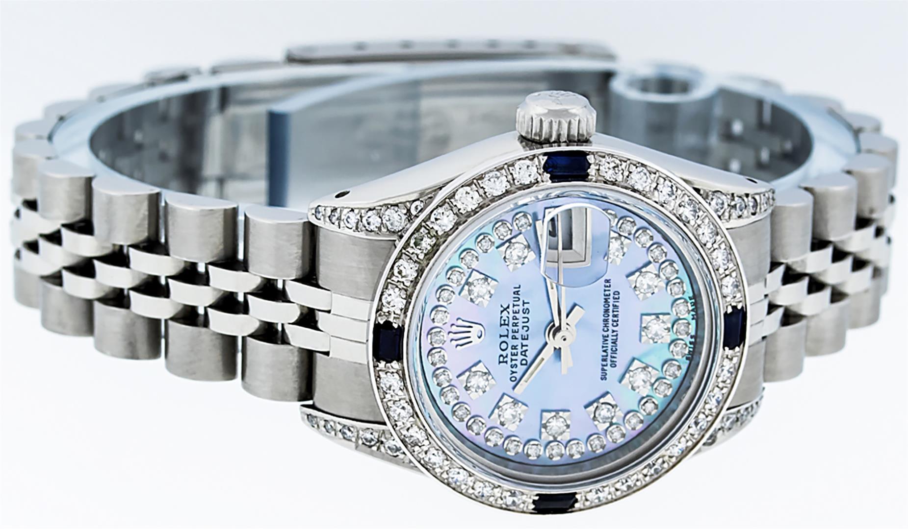 Rolex Ladies Stainless Steel Diamond Lugs Blue MOP String Diamond Datejust Wrist