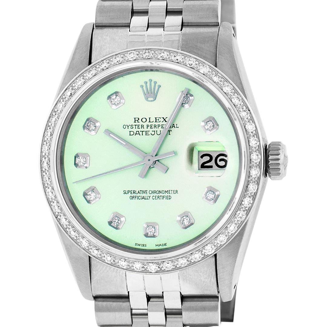 Rolex Mens Stainless Steel Green Diamond 36MM Oyster Perpetual Datejust Wristwat