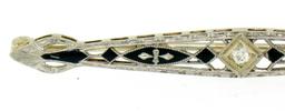 Antique Art Deco 14K White Gold Diamond & Black Enamel Etched Filigree Bar Pin