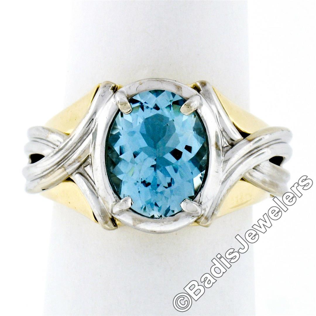 Estate 14kt Two Tone Gold 2.10 ctw Oval Aquamarine Grooved Cocktail Ring