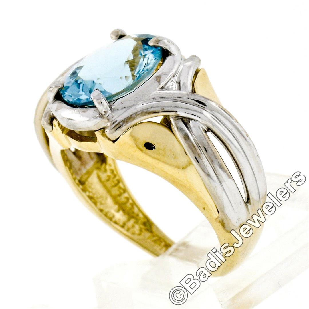 Estate 14kt Two Tone Gold 2.10 ctw Oval Aquamarine Grooved Cocktail Ring