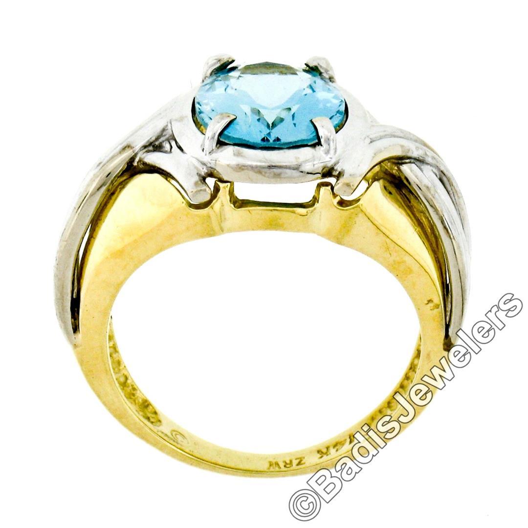 Estate 14kt Two Tone Gold 2.10 ctw Oval Aquamarine Grooved Cocktail Ring