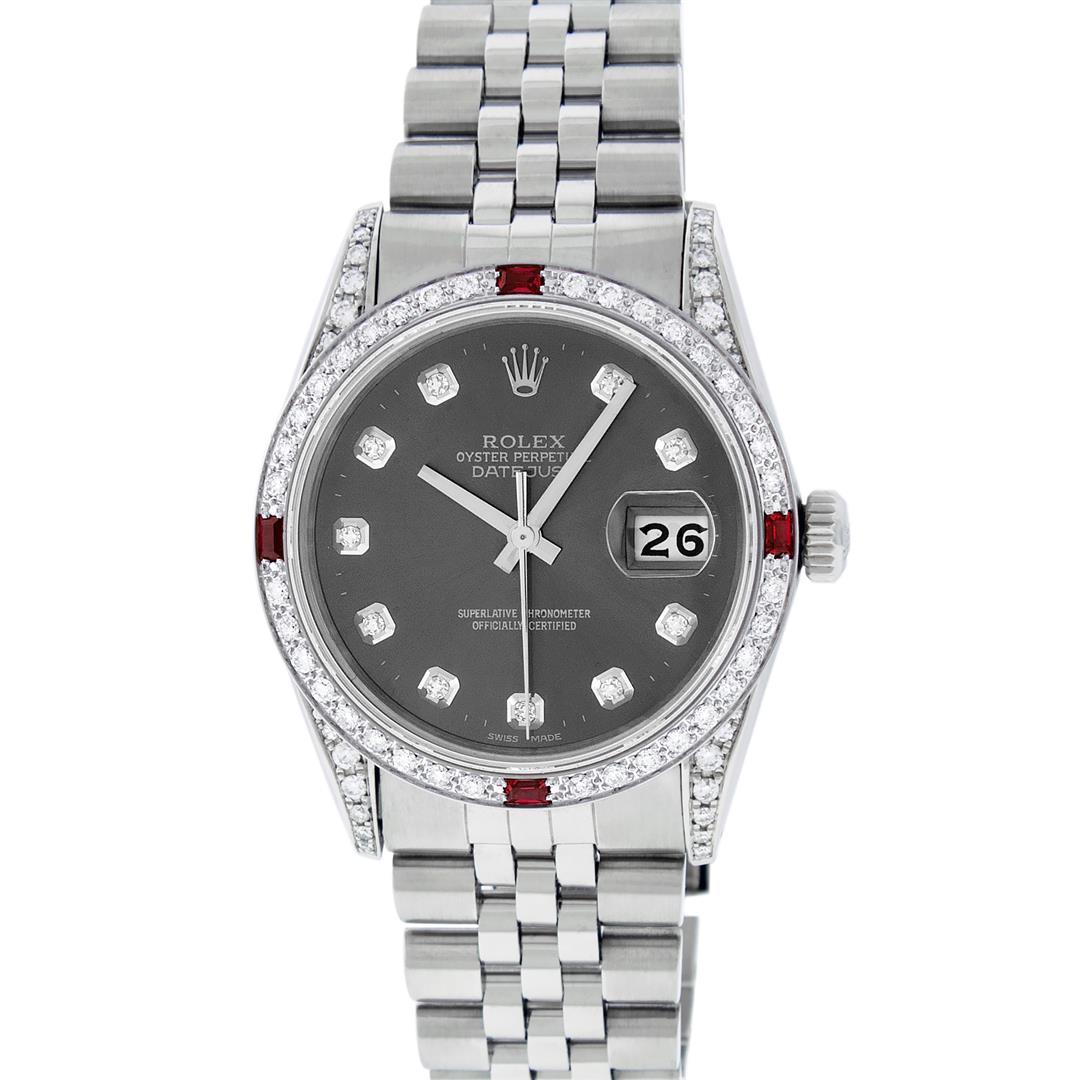 Rolex Mens Stainless Steel Diamond Lugs Rhodium Diamond & Ruby Datejust Wristwat