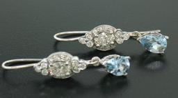 18K Solid White Gold Dangle Drop Earrings w/ an Oval Diamond & Pear Aquamarine