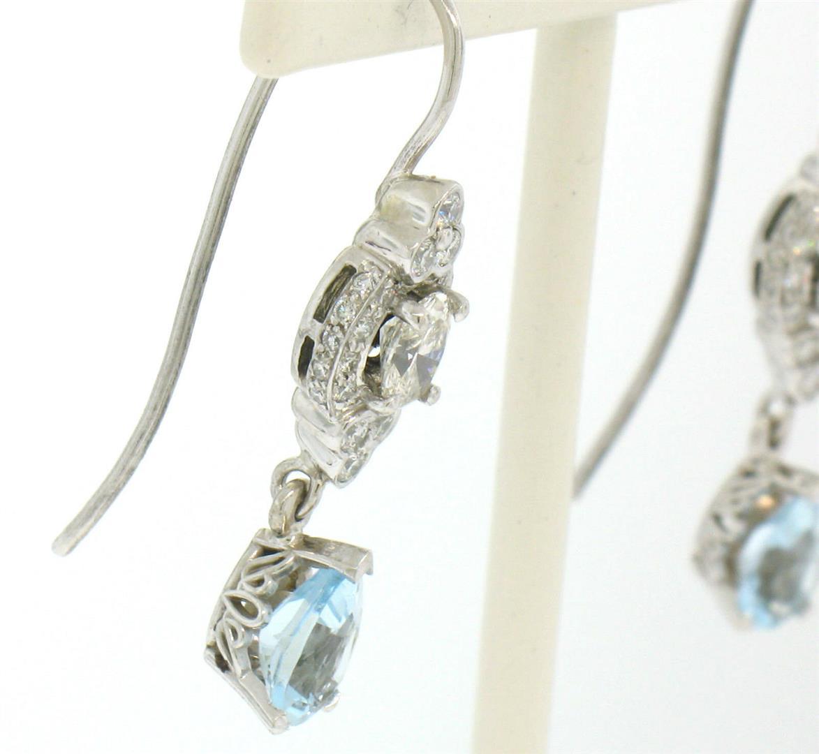 18K Solid White Gold Dangle Drop Earrings w/ an Oval Diamond & Pear Aquamarine