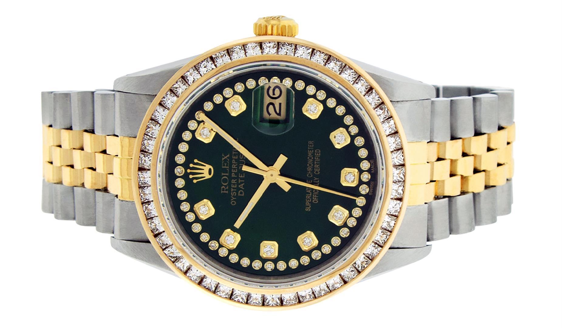 Rolex Mens 2 Tone Green String Princess Cut Diamond Datejust 26MM Wristwatch