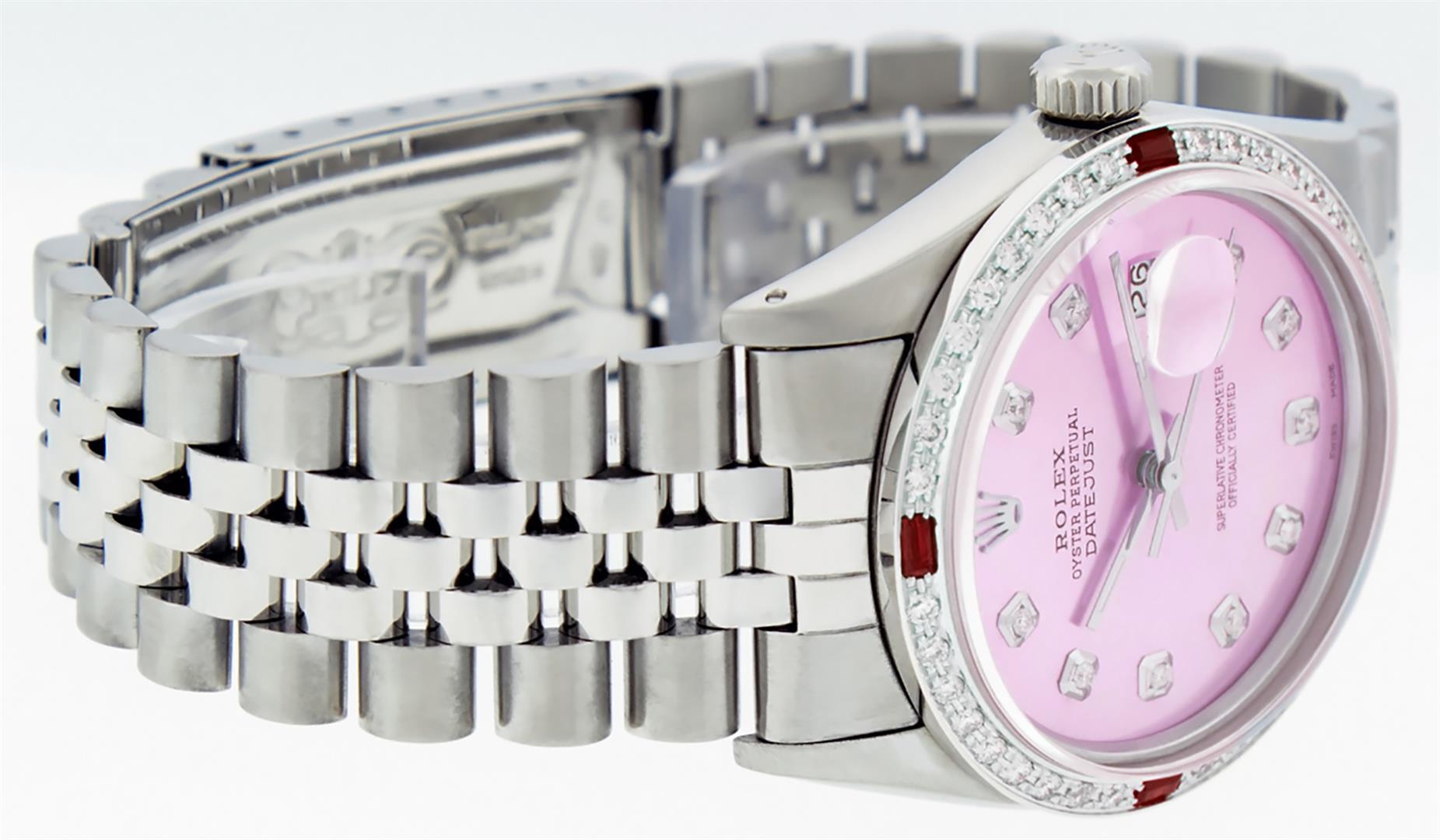 Rolex Mens Stainless Steel Pink Diamond & Ruby 36MM Datejust Wristwatch