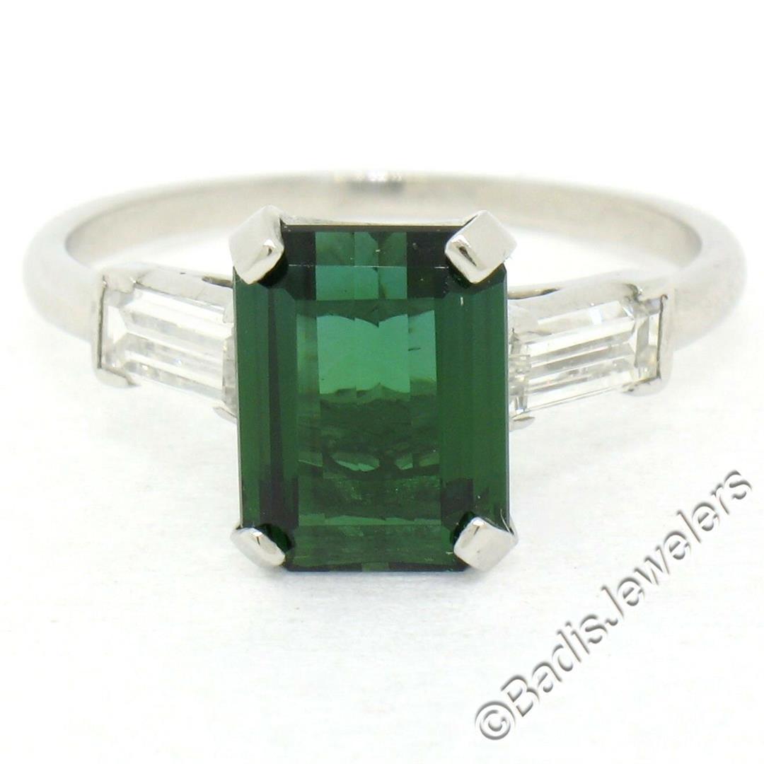 Vintage 18kt White Gold 2.62 ctw Green Tourmaline Solitaire and Diamond Ring