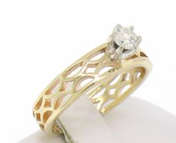Estate 14k Solid Yellow Gold Solitaire Diamond Ring with Pierced Open Work Look
