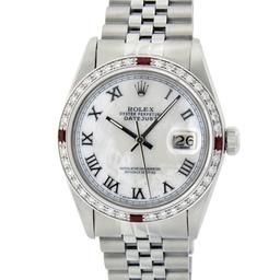 Rolex Mens Stainless Steel Silver MOP Roman 36MM Diamond & Ruby Datejust Wristwa