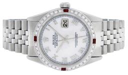 Rolex Mens Stainless Steel Silver MOP Roman 36MM Diamond & Ruby Datejust Wristwa