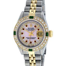 Rolex Ladies 2 Tone Pink MOP Ruby & Emerald 26MM Datejust Wriswatch