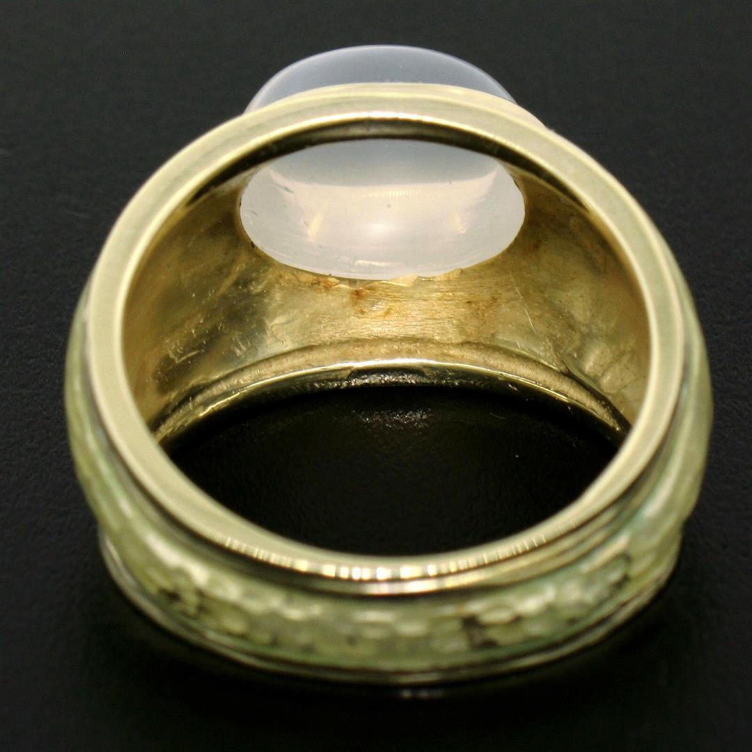 14K Yellow Gold Fine Cabochon Blue Moonstone & Enamel Textured Ring Unique