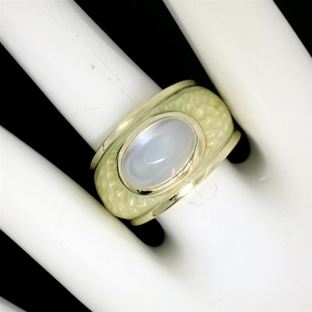 14K Yellow Gold Fine Cabochon Blue Moonstone & Enamel Textured Ring Unique