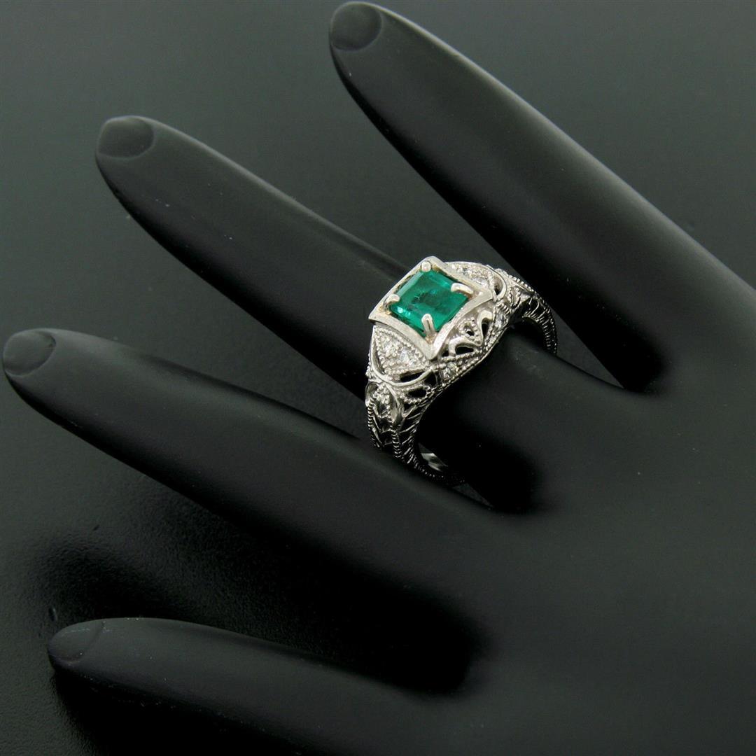 Platinum 1.04 ctw Radiant Emerald & Diamond Milgrain Filigree Etched Cocktail Ri