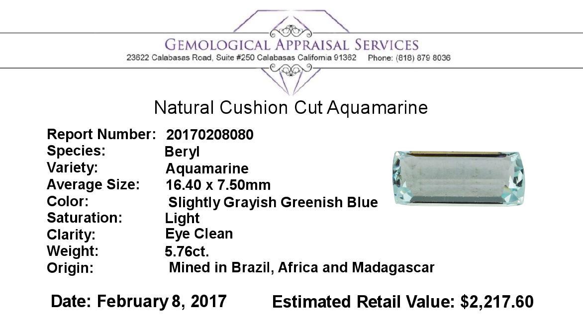5.76 ct.Natural Cushion Cut Aquamarine