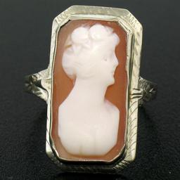 Antique 14kt White Gold Bezel Set Rectangular Carved Shell Cameo Ring