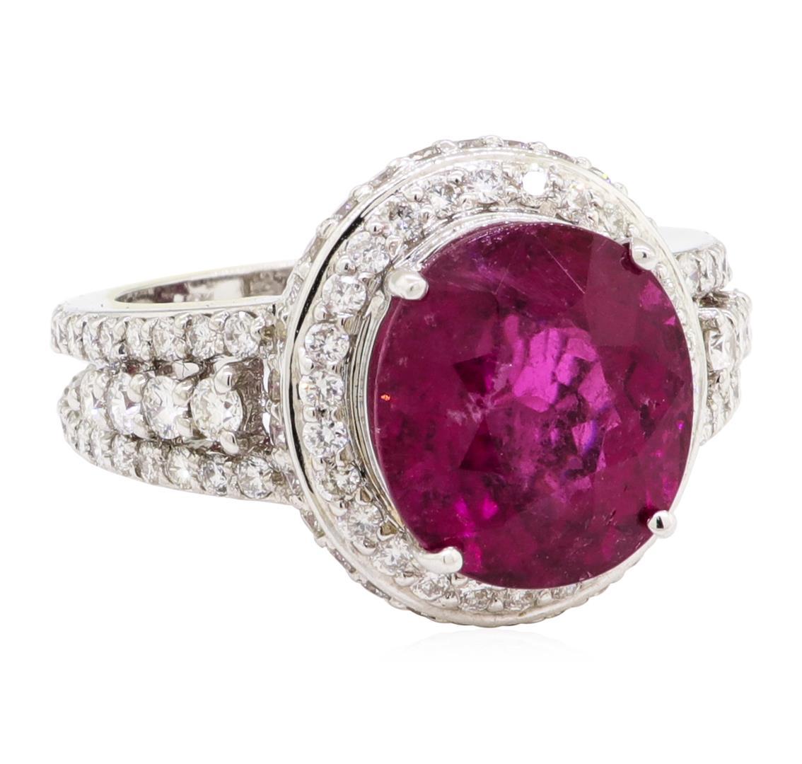 7.49 ctw Oval Mixed Rubellite And Round Brilliant Cut Diamond Ring - 18KT White