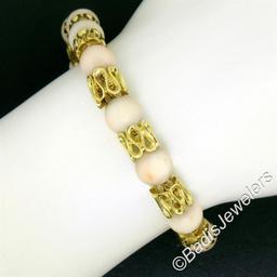 Vintage 18kt Yellow Gold Twisted Link Bracelet w/ Matching Angel Skin Coral Bead