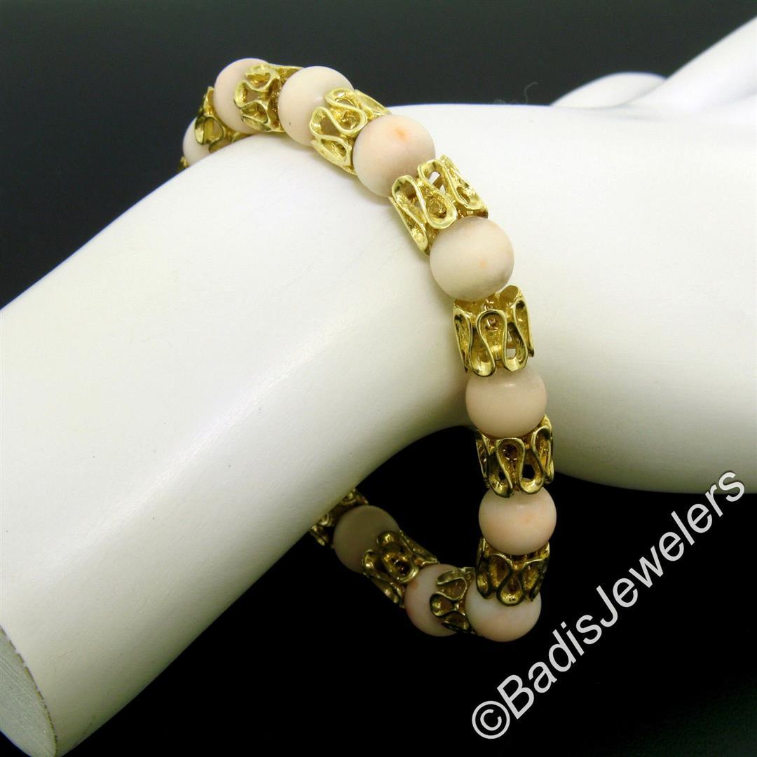 Vintage 18kt Yellow Gold Twisted Link Bracelet w/ Matching Angel Skin Coral Bead