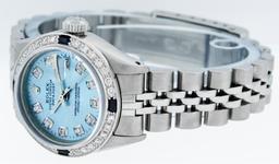 Rolex Ladies Stainless Steel Sky Blue Diamond & Sapphire Datejust Wristwatch