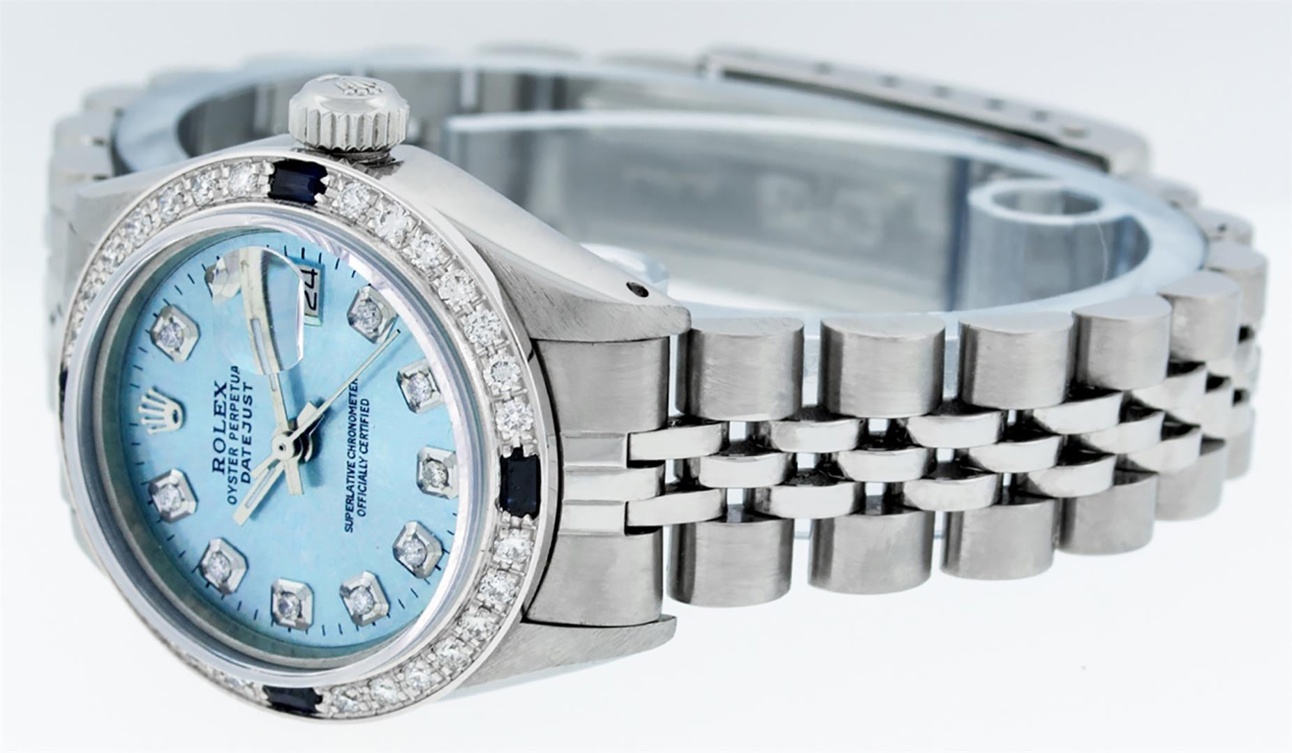 Rolex Ladies Stainless Steel Sky Blue Diamond & Sapphire Datejust Wristwatch