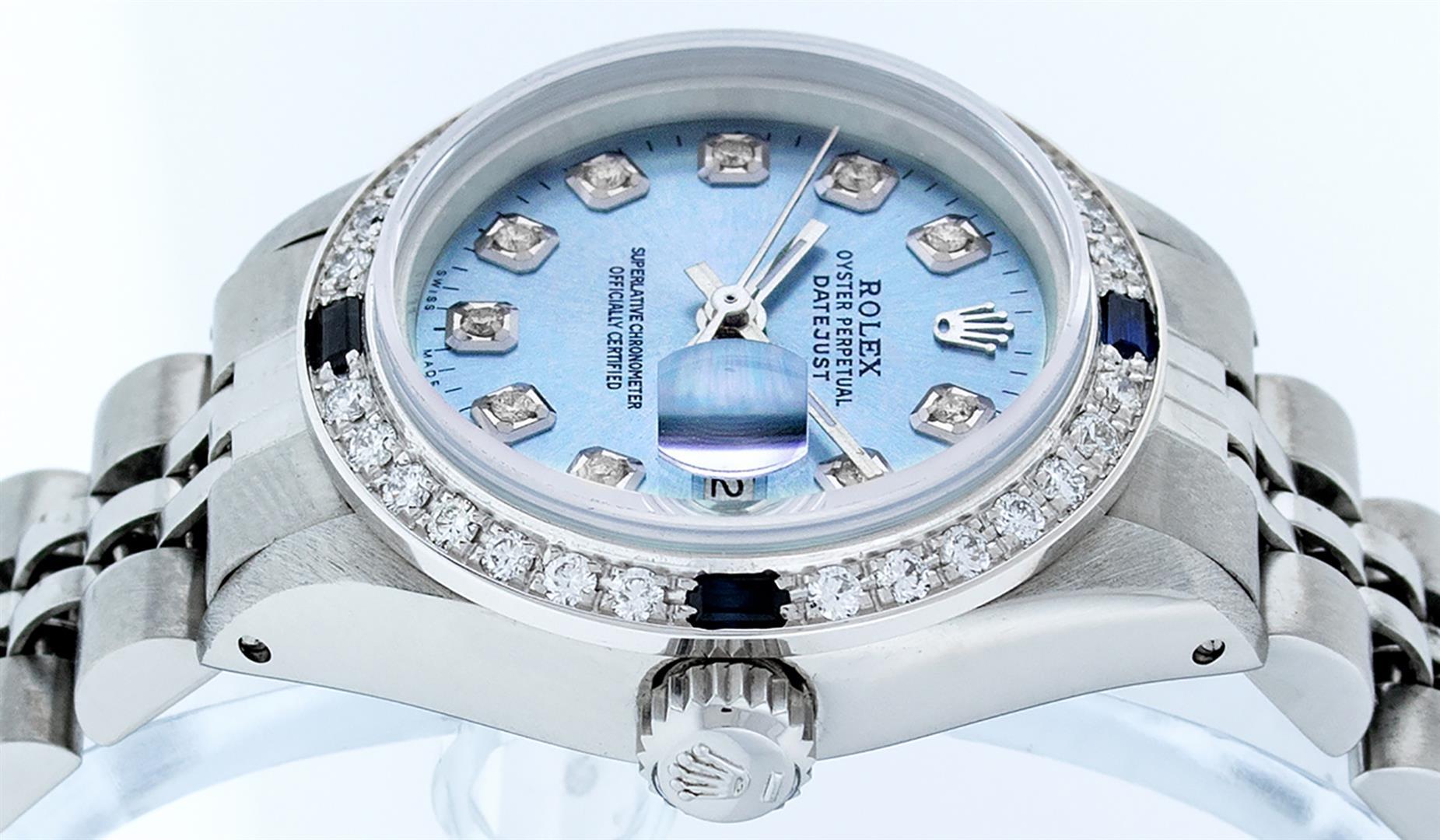 Rolex Ladies Stainless Steel Sky Blue Diamond & Sapphire Datejust Wristwatch
