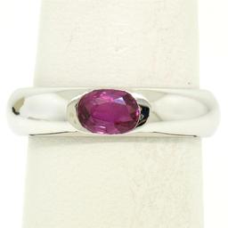 14K White Gold 0.62 ctw Oval Burnish Set Light Burgundy Ruby Solitaire Band Ring