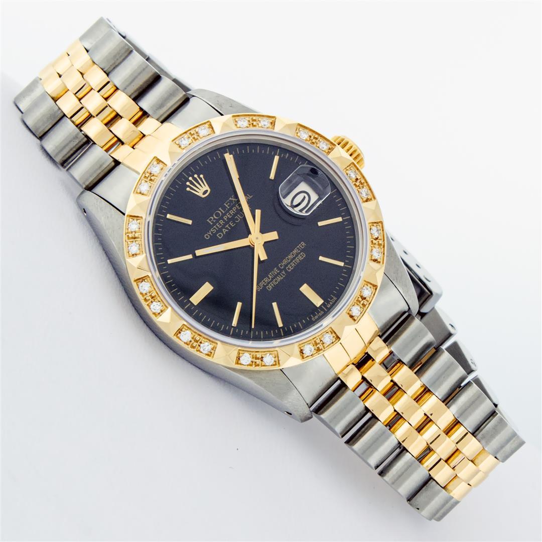 Rolex Mens 2 Tone Black Index Pyramid Diamond Bezel Datejust Wristwatch