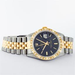 Rolex Mens 2 Tone Black Index Pyramid Diamond Bezel Datejust Wristwatch