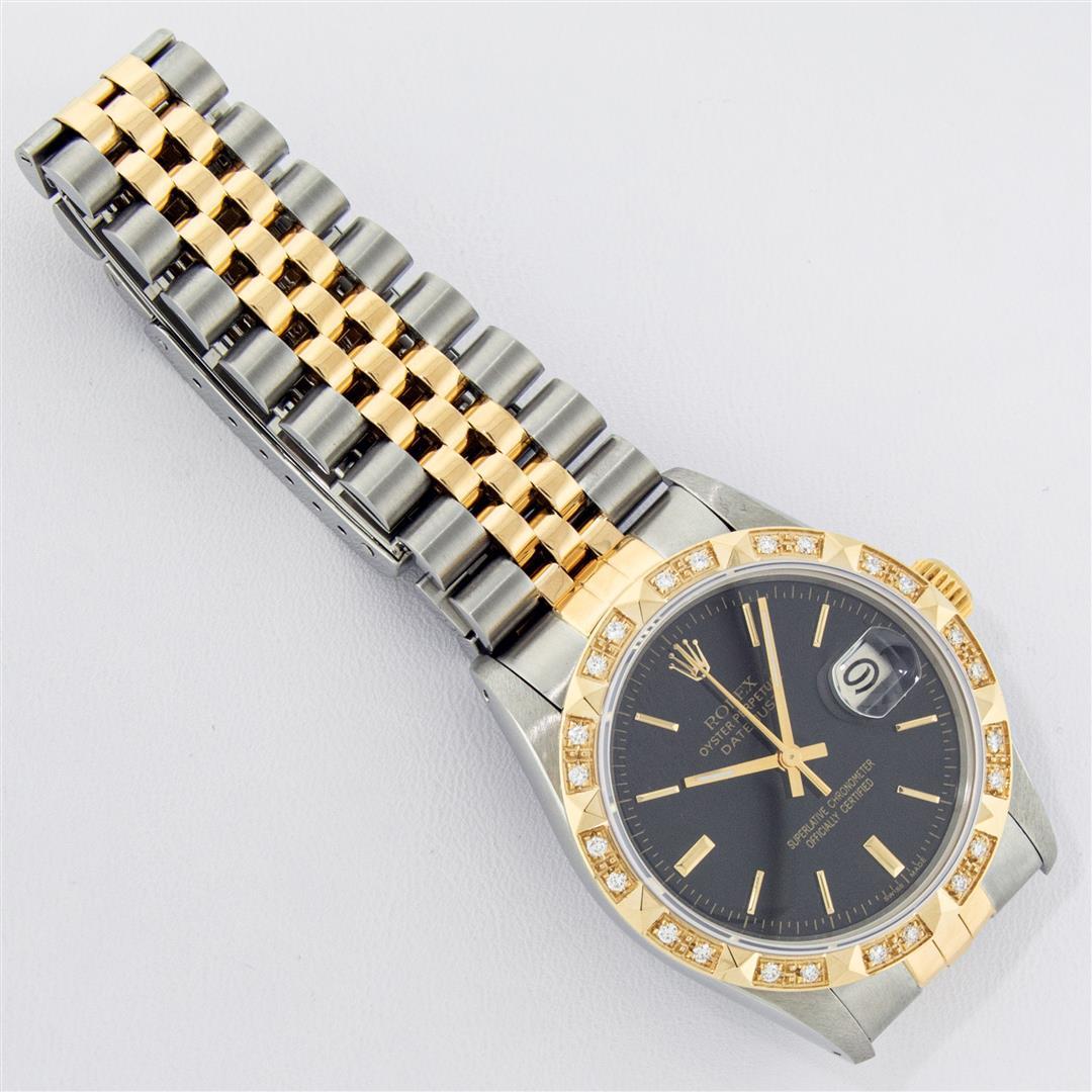 Rolex Mens 2 Tone Black Index Pyramid Diamond Bezel Datejust Wristwatch