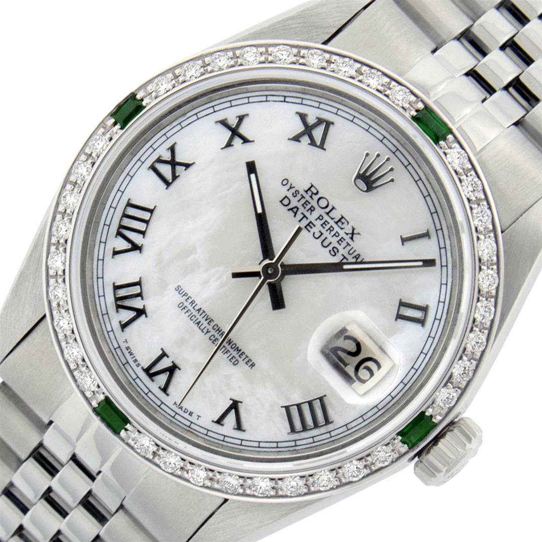 Rolex Mens Stainless Steel Silver MOP Roman 36MM Diamond & Emerald Datejust